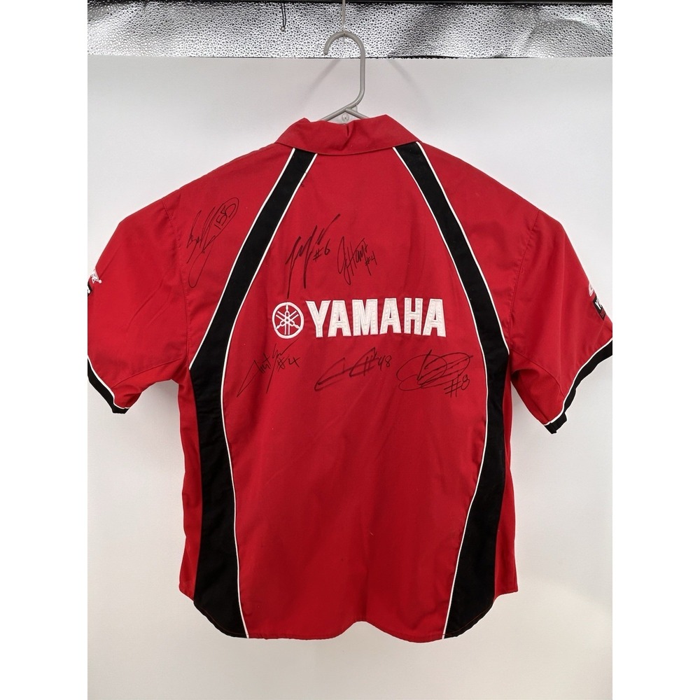JH Design Yamaha Racing Pit Crew Button Up Shirt L Autographed Moto GP Riders